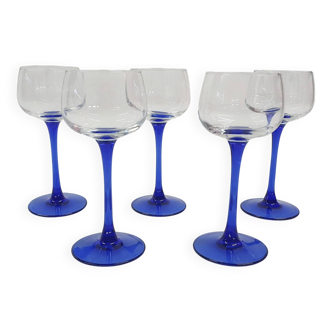 Set of 5 vintage blue wine glasses by Luminarc, France 1960's