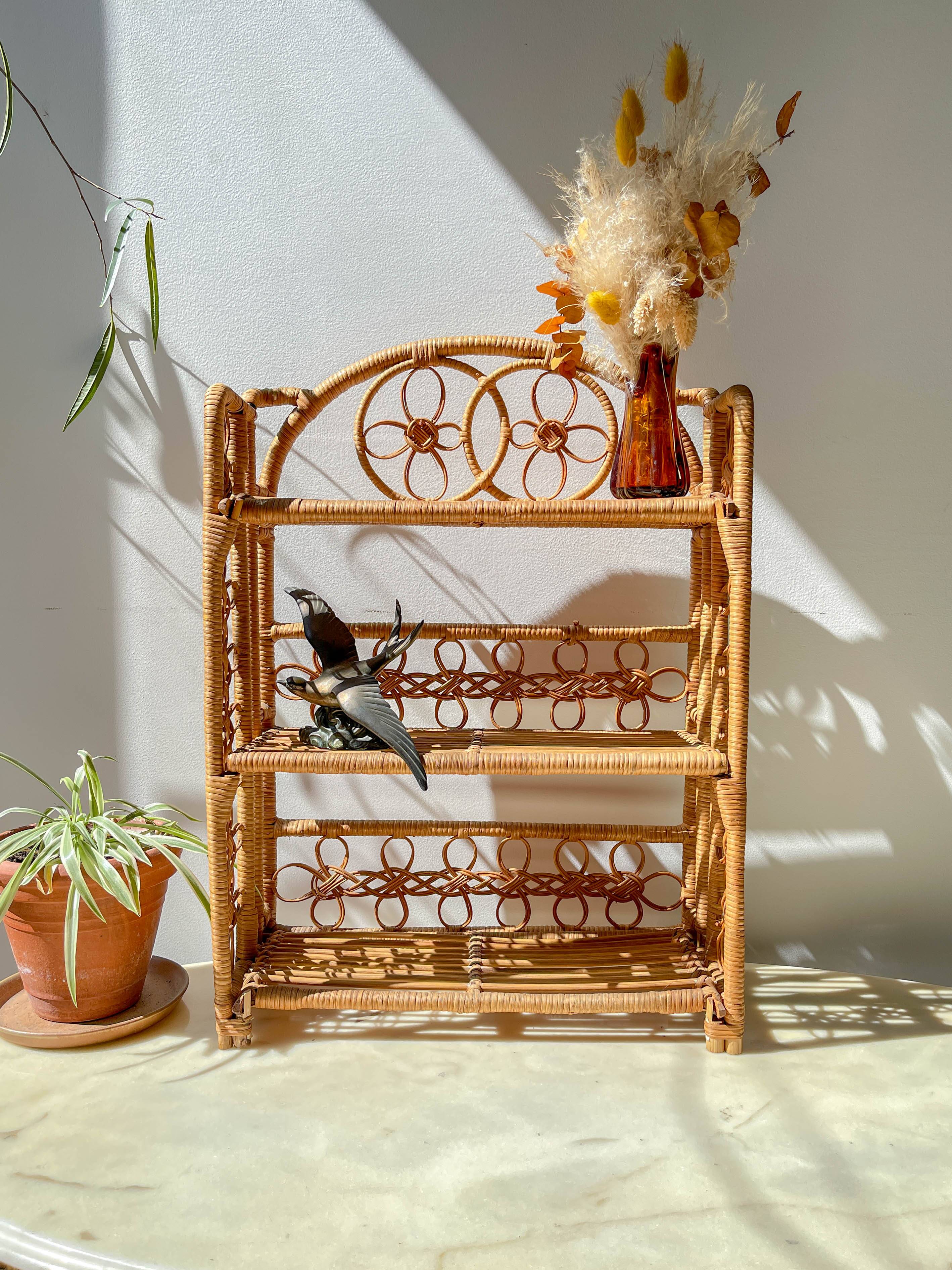 Vintage 1950s rattan folding shelf