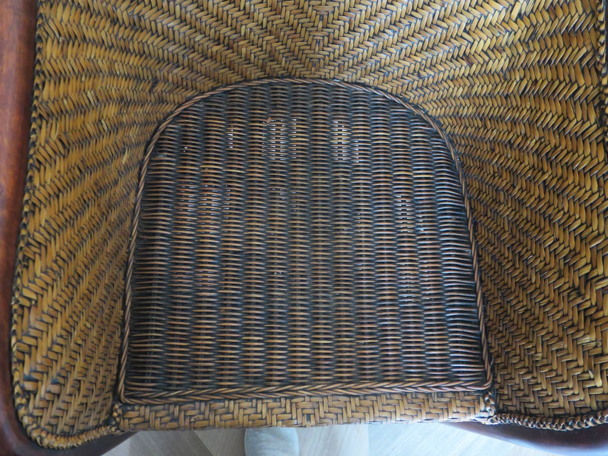 Set of 2 armchairs in woven rattan and exotic wood, 1980s