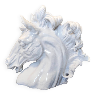 Postmodern White Lacquered Earthenware Horse Head Decorative Object, Italy 1980s