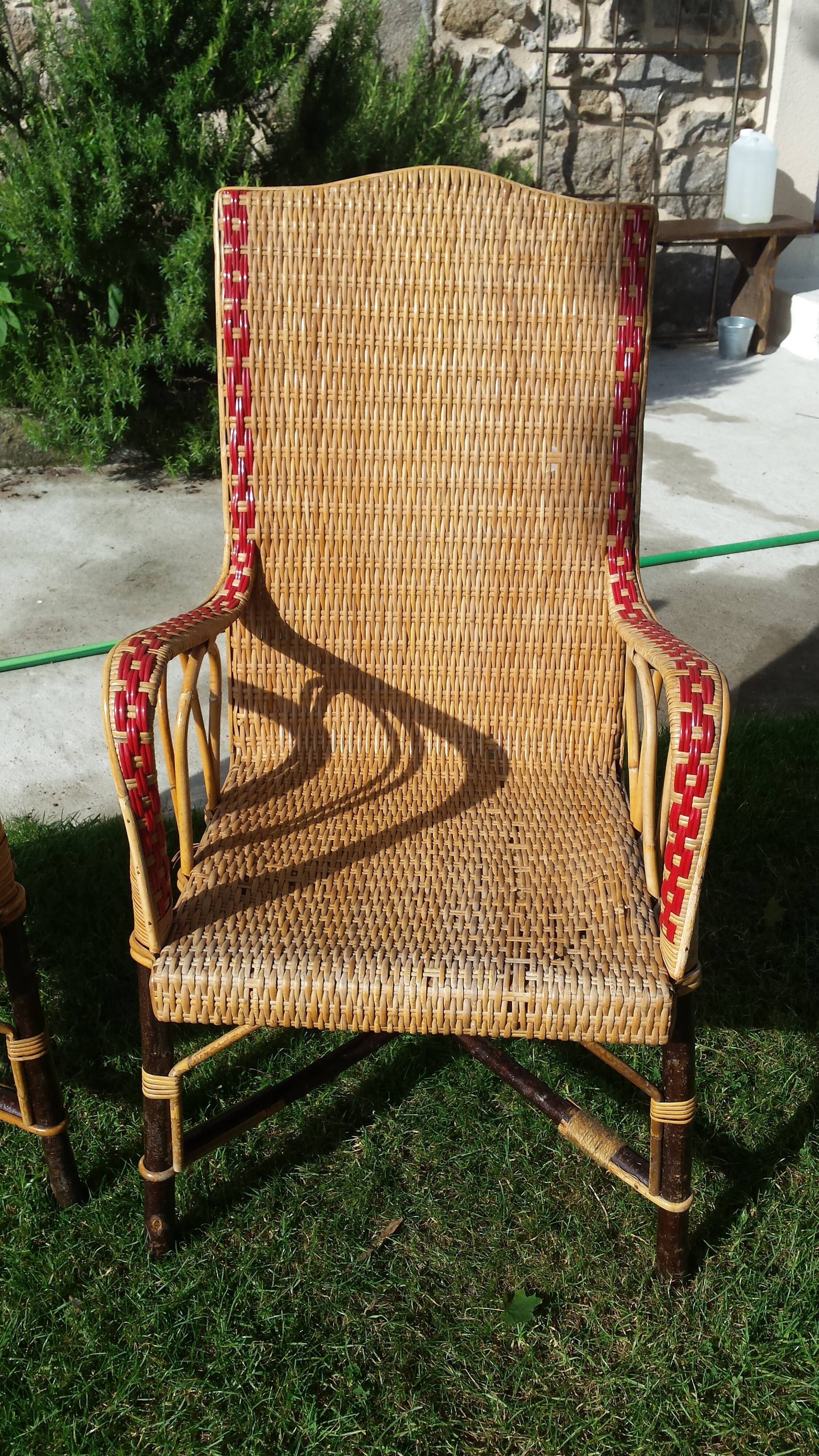 Wicker or rattan armchairs and bamboo
