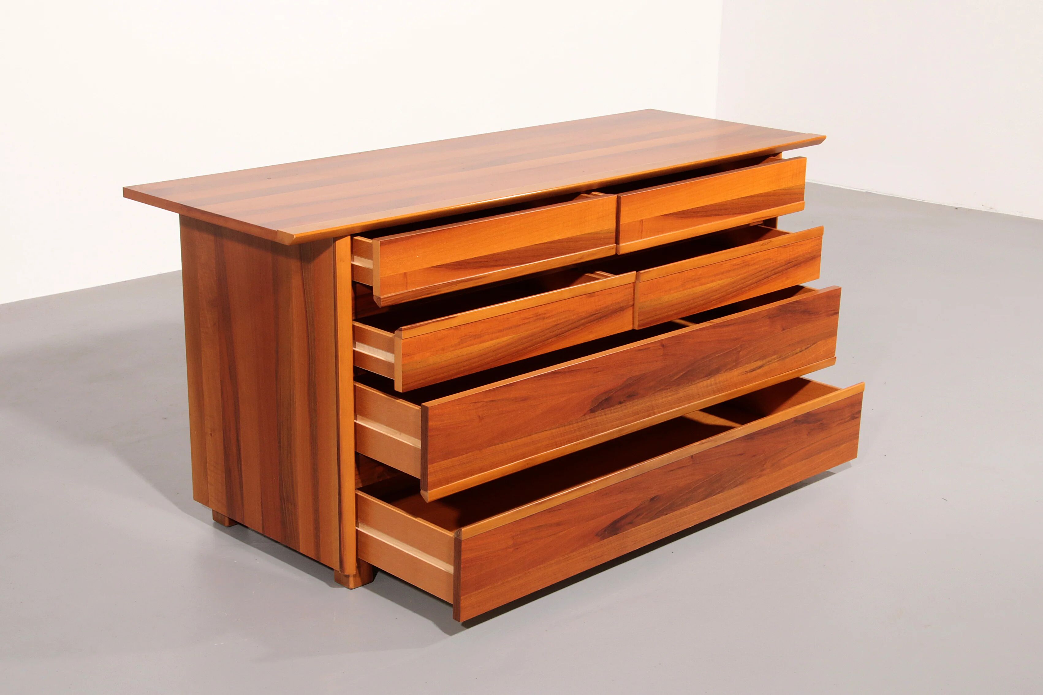 Italian architectural chest of drawers in walnut, 1970, Italy