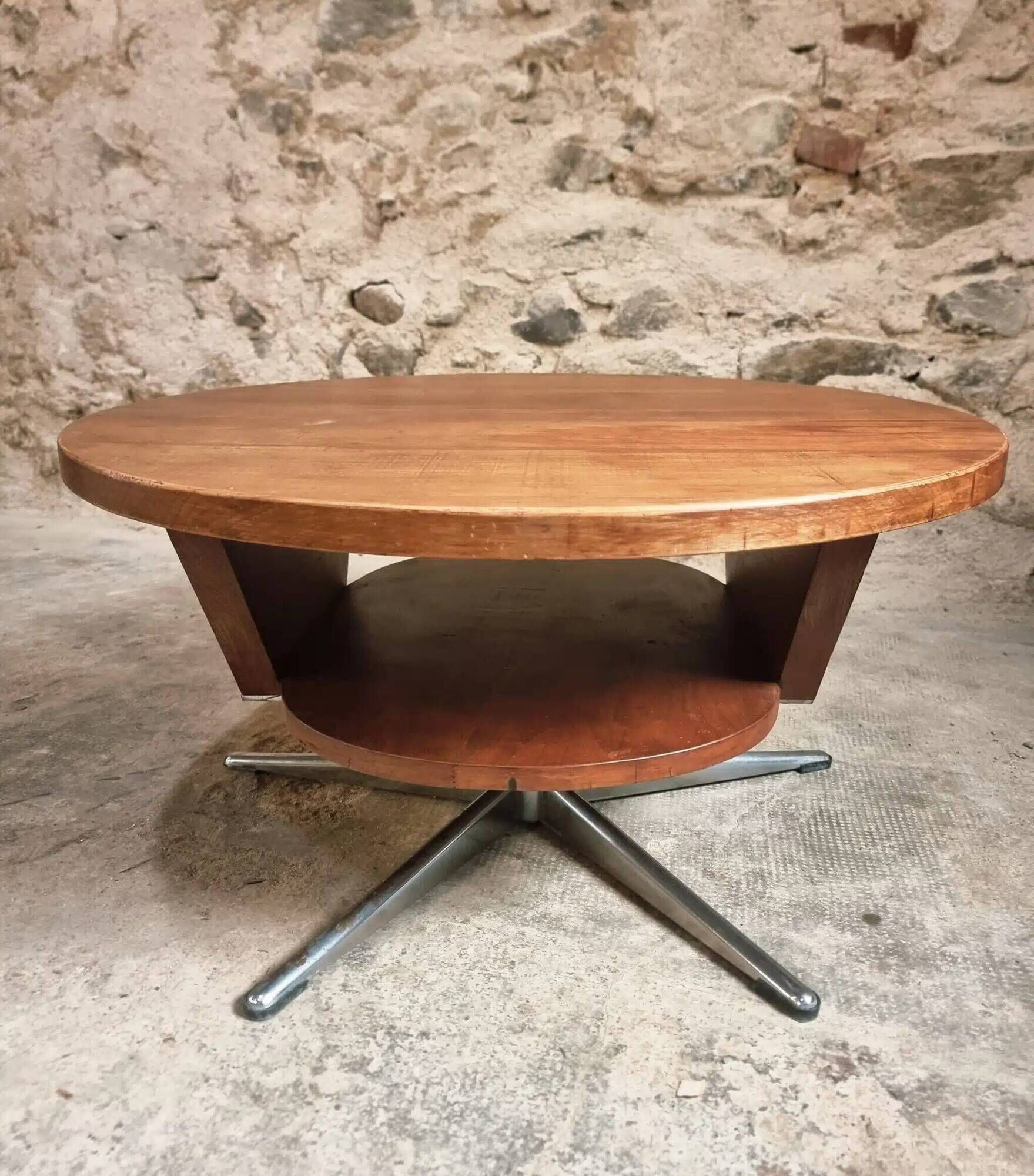 Vintage French Cherry Wood Coffee Table with Rotating Top - 1960s Round Shape on Iron Base Ø80cm