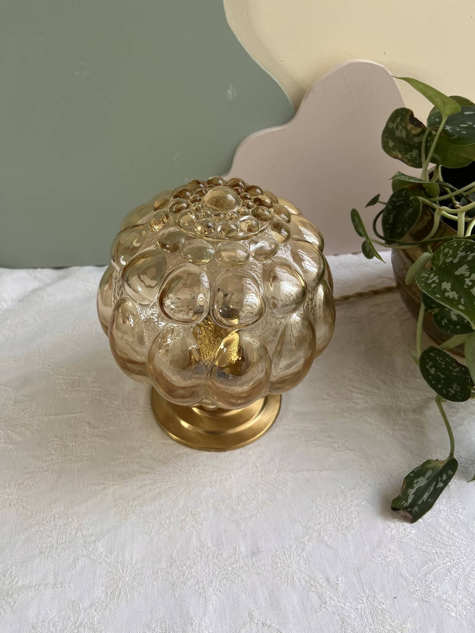 Vintage glass table lamp - amber bubble globe