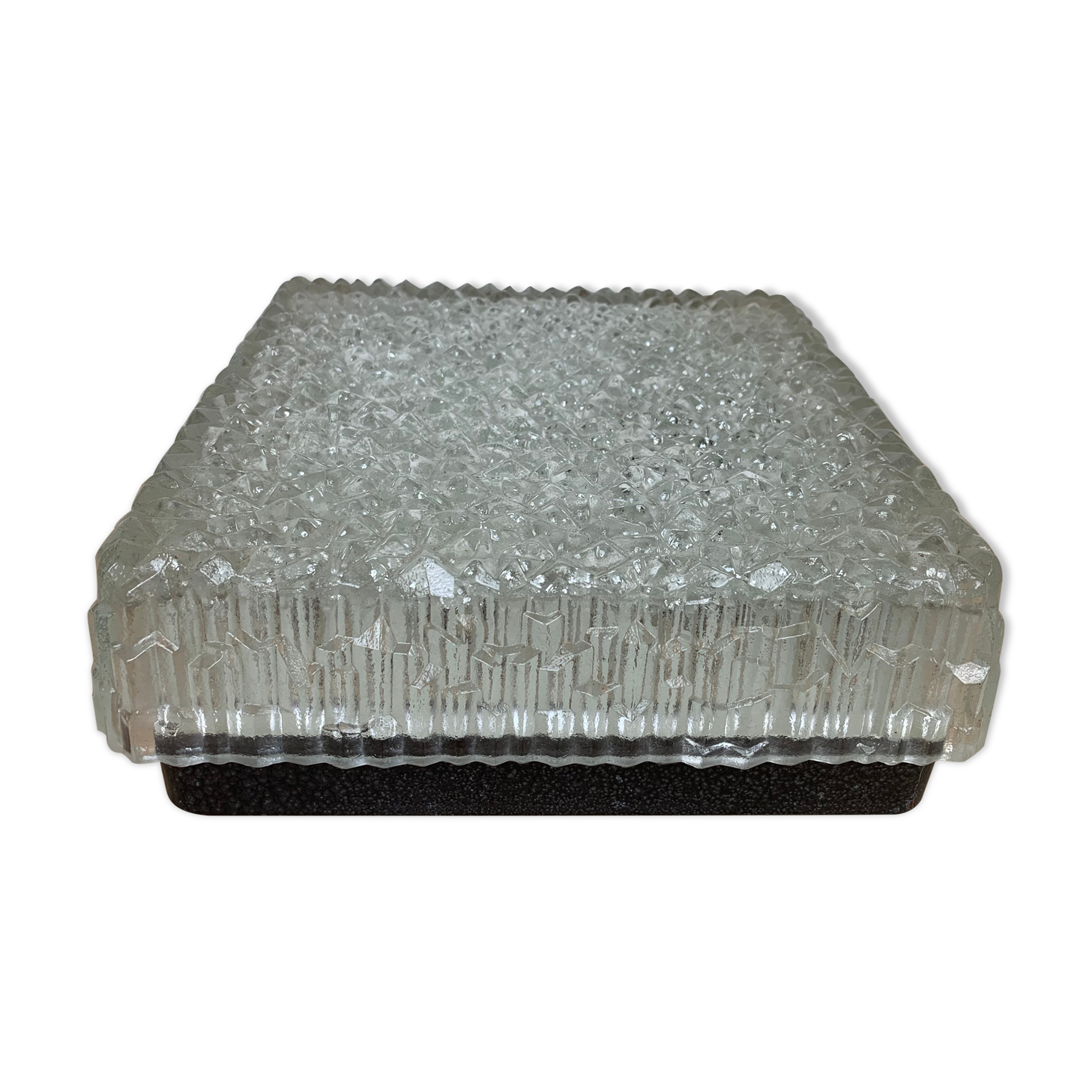 Holophane square wall lamp in chiseled glass, 60s, ceiling lamp