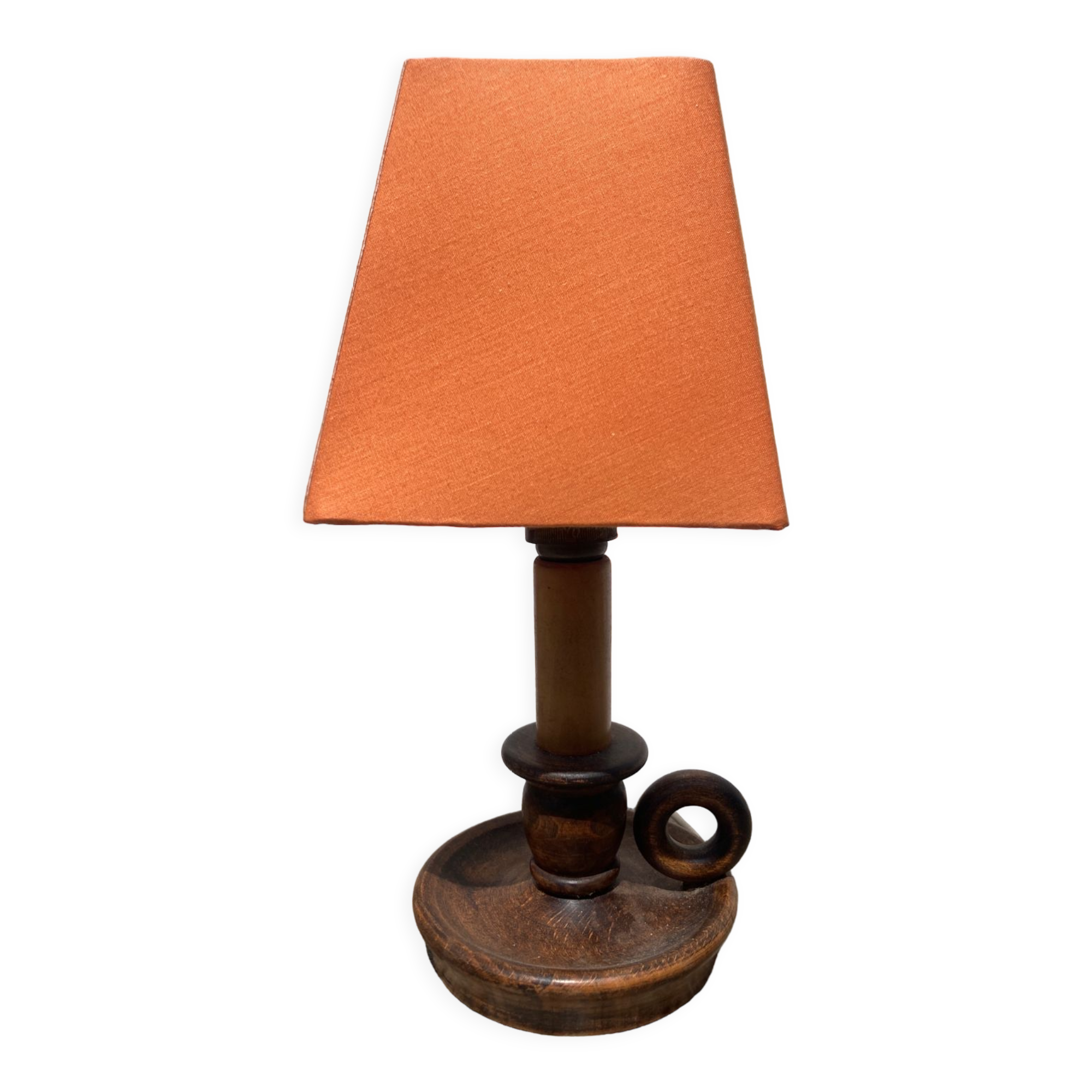 Wooden table lamp and vintage orange lampshade candle holder style