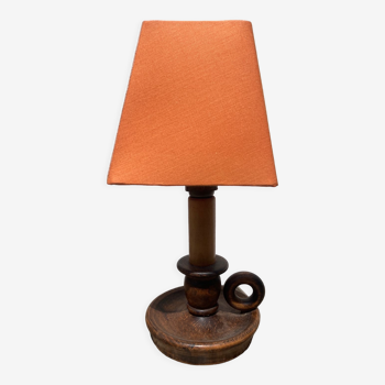 Wooden table lamp and vintage orange lampshade candle holder style