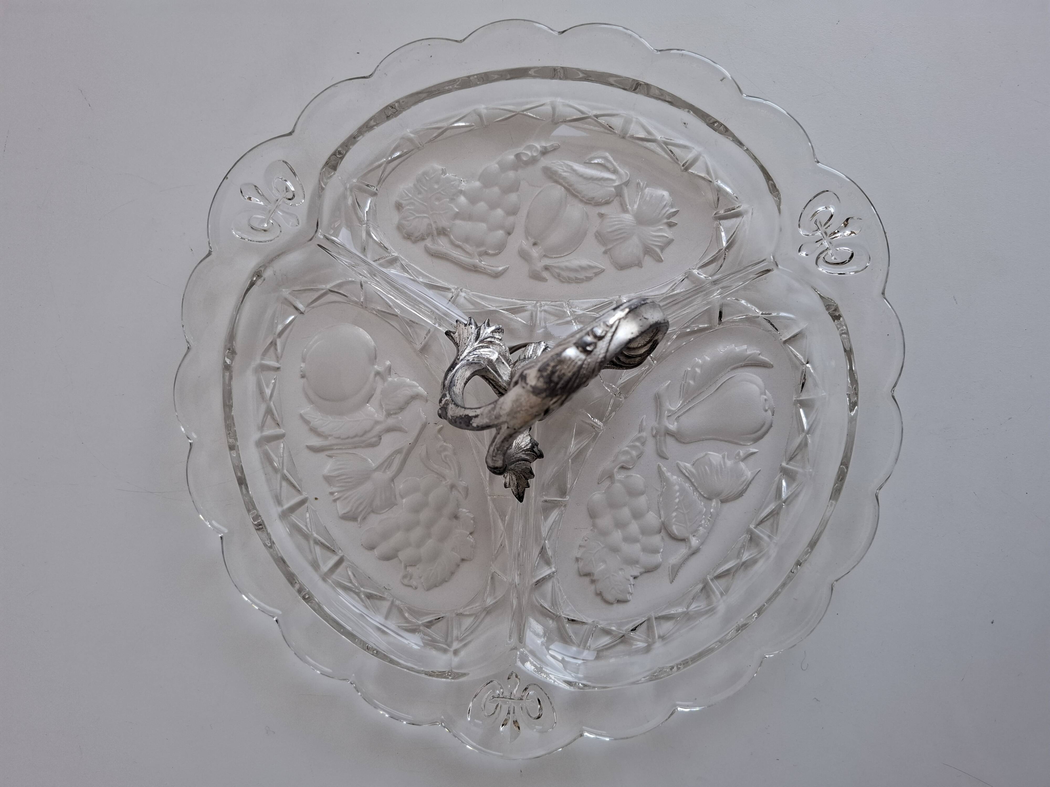 Art Deco Pressed Glass Divided Serving Dish with Alpaca Handle, 1930