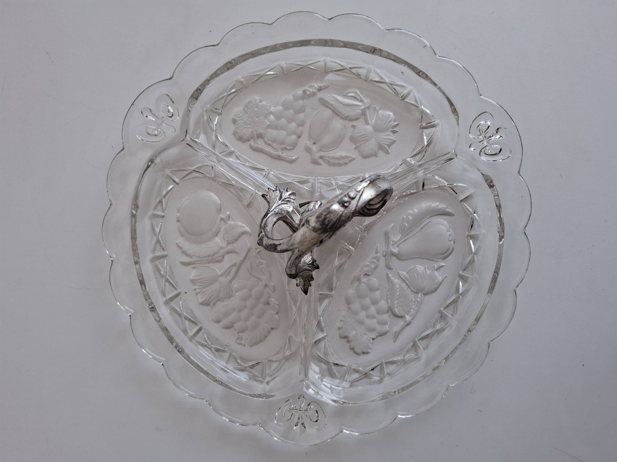 Art Deco Pressed Glass Divided Serving Dish with Alpaca Handle, 1930
