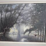 Tableau ancien à l'huile représentant un paysage avec un canal