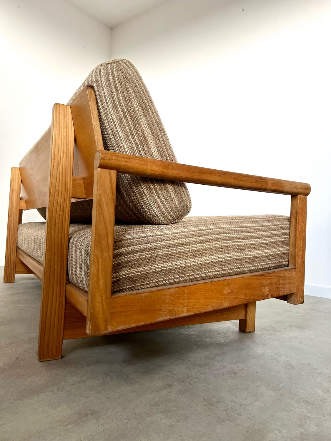 Old wooden sofa vintage brutalist design 60s