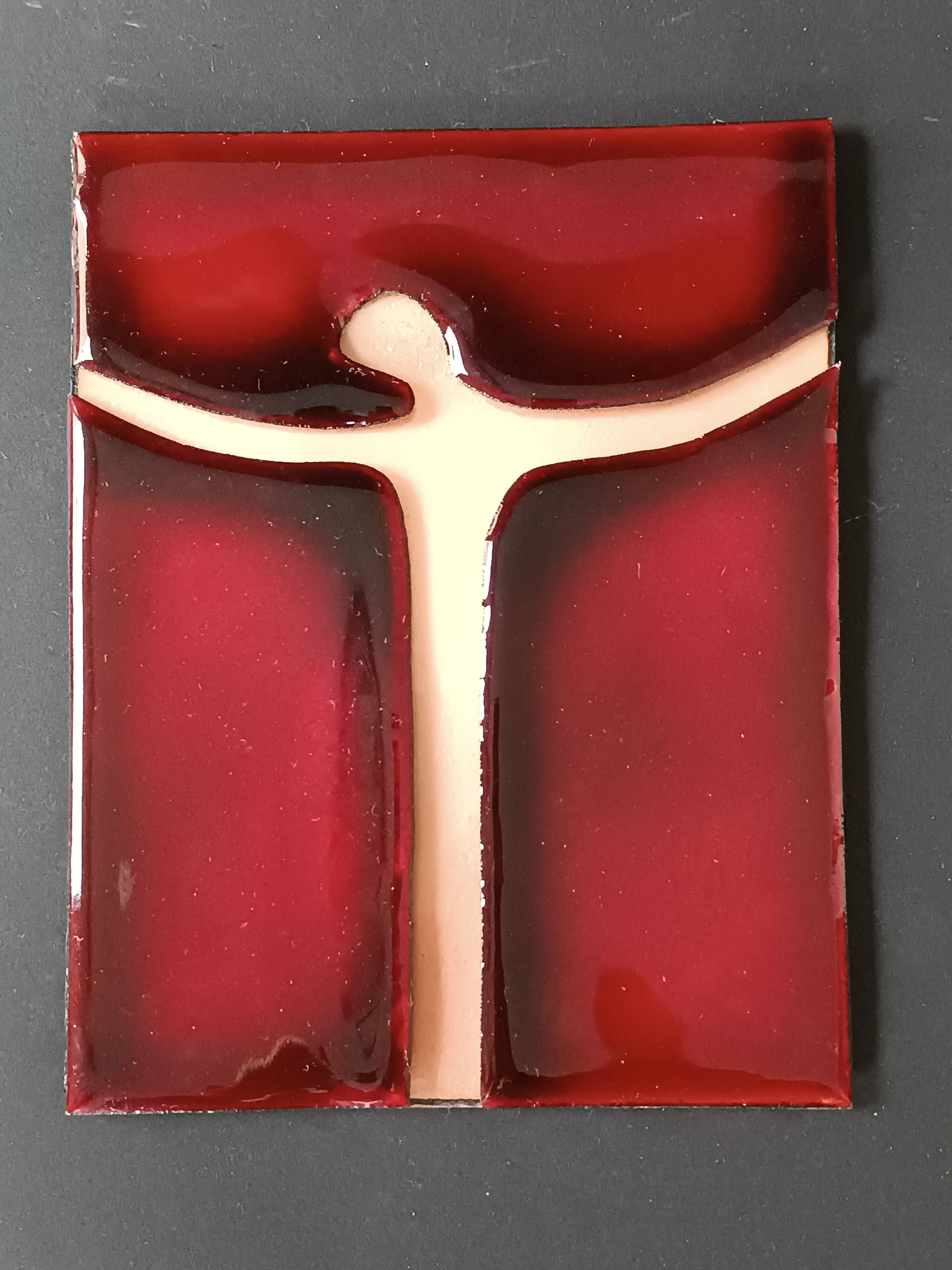 Vintage red and gold enamel wall cross on copper, Atelier Chehab