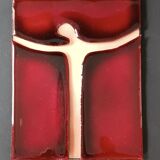 Vintage red and gold enamel wall cross on copper, Atelier Chehab