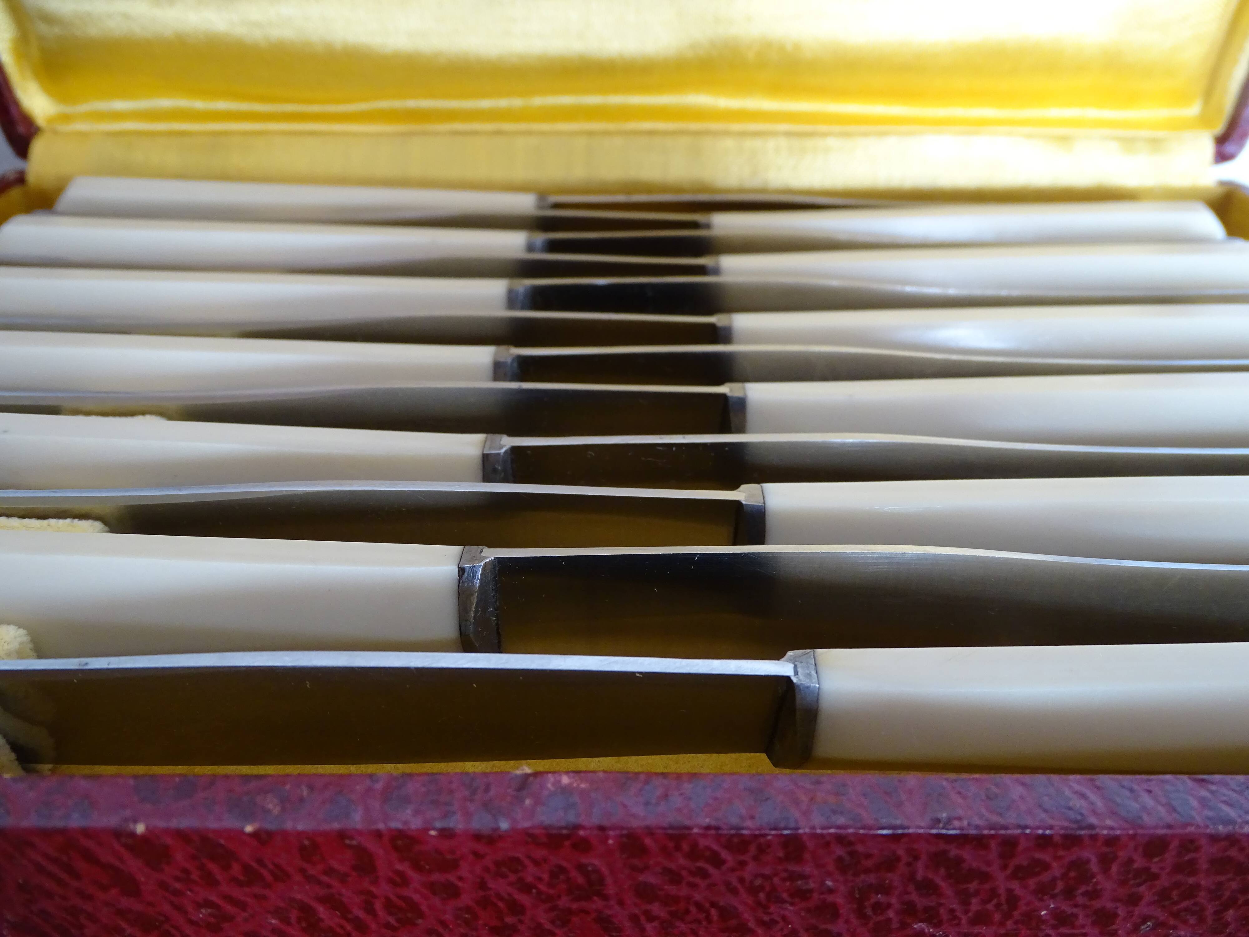 12 Art Deco knives 1930 bone or bakelite sleeves in case