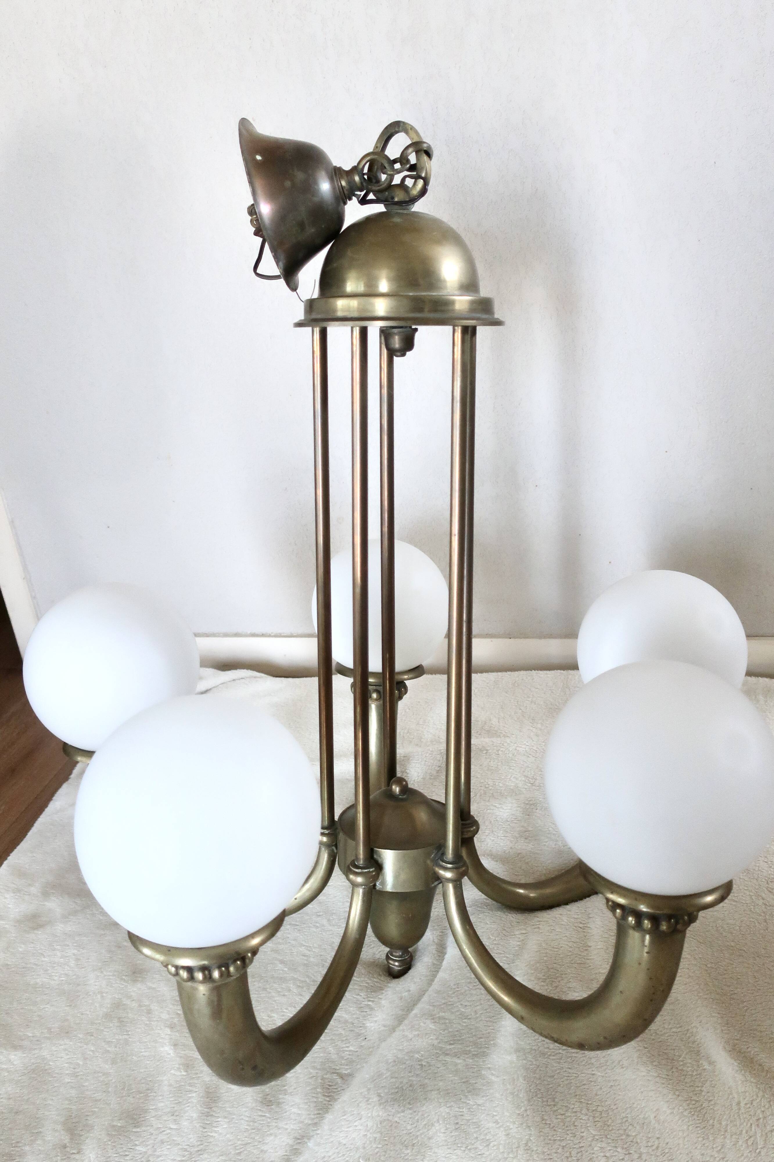 Art Deco chandelier in bronze and opaline by Jean Pascaud, 1940s.