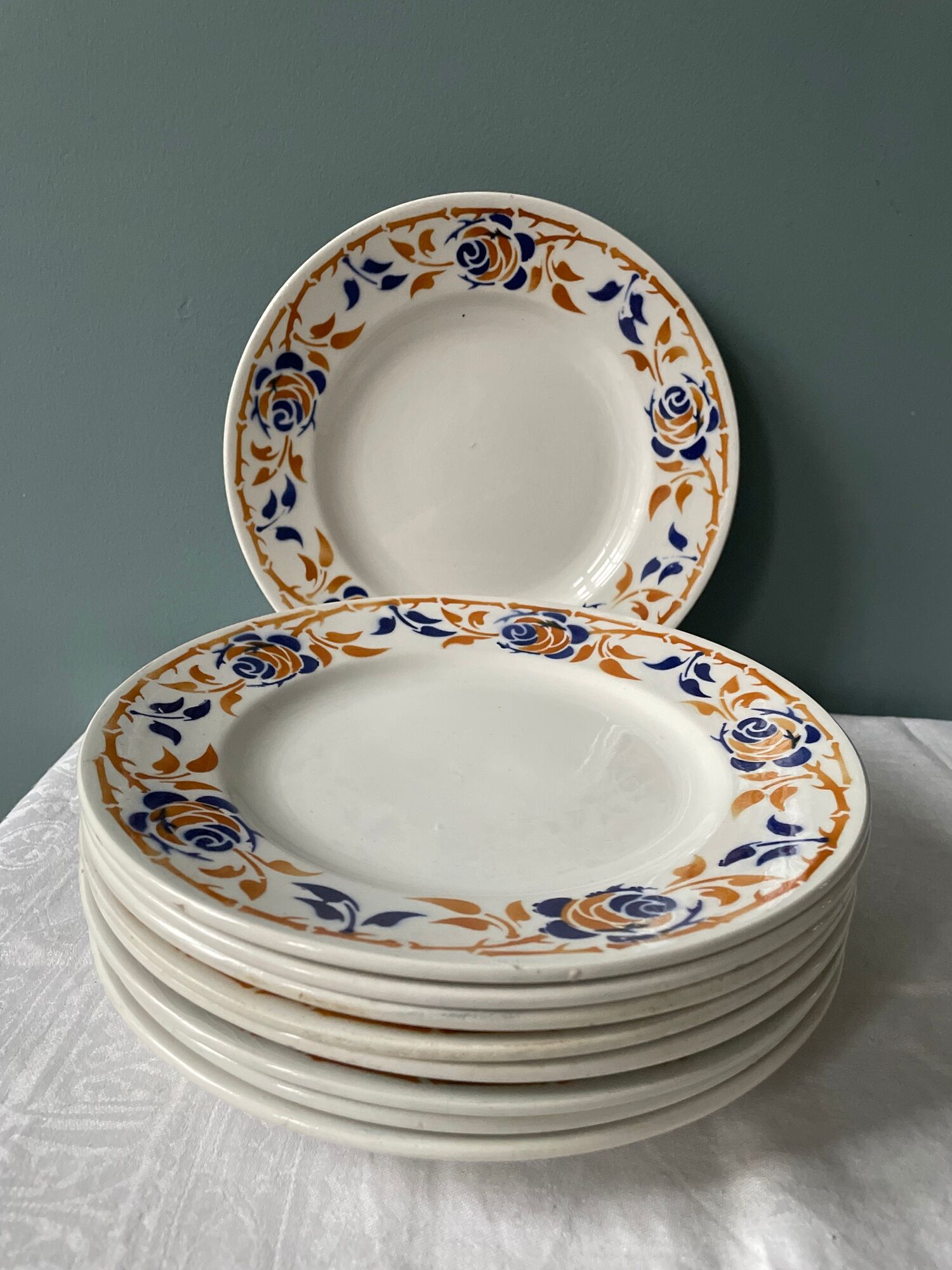 Set of 9 flat earthenware plates Terre de Fer Moulin des Loups, model "Dijon"