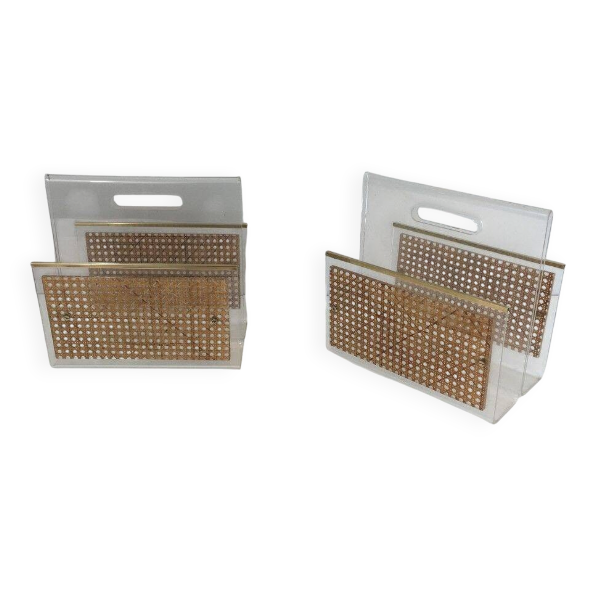 Pair of magazine racks in plexiglass, brass and inlaid caning in the style of Christian Dior and Gabriella Crespi