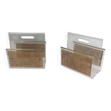 Pair of magazine racks in plexiglass, brass and inlaid caning in the style of Christian Dior and Gabriella Crespi