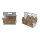 Pair of magazine racks in plexiglass, brass and inlaid caning in the style of Christian Dior and Gabriella Crespi