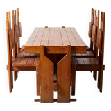 Set of large unique brutalist dining table and 6 chairs in pine, Czechoslov