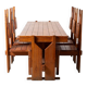 Set of large unique brutalist dining table and 6 chairs in pine, Czechoslov