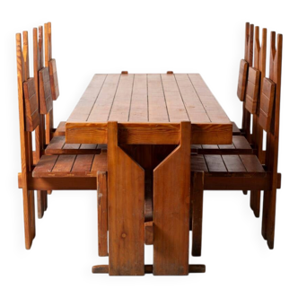 Set of large unique brutalist dining table and 6 chairs in pine, Czechoslov