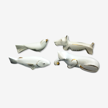 4 wears white and gold porcelain animal knives from Limoges 1950