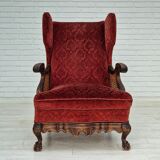 Fauteuil danois en bois de frêne et velour années 1930