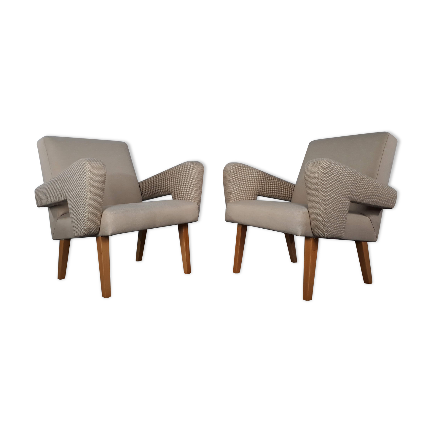 Pair of Jitona armchairs reupholstered Beige Fabric, Czech 1960s