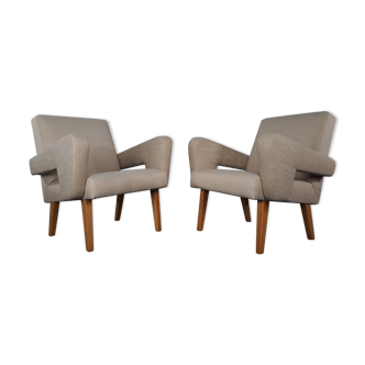 Pair of Jitona armchairs reupholstered Beige Fabric, Czech 1960s