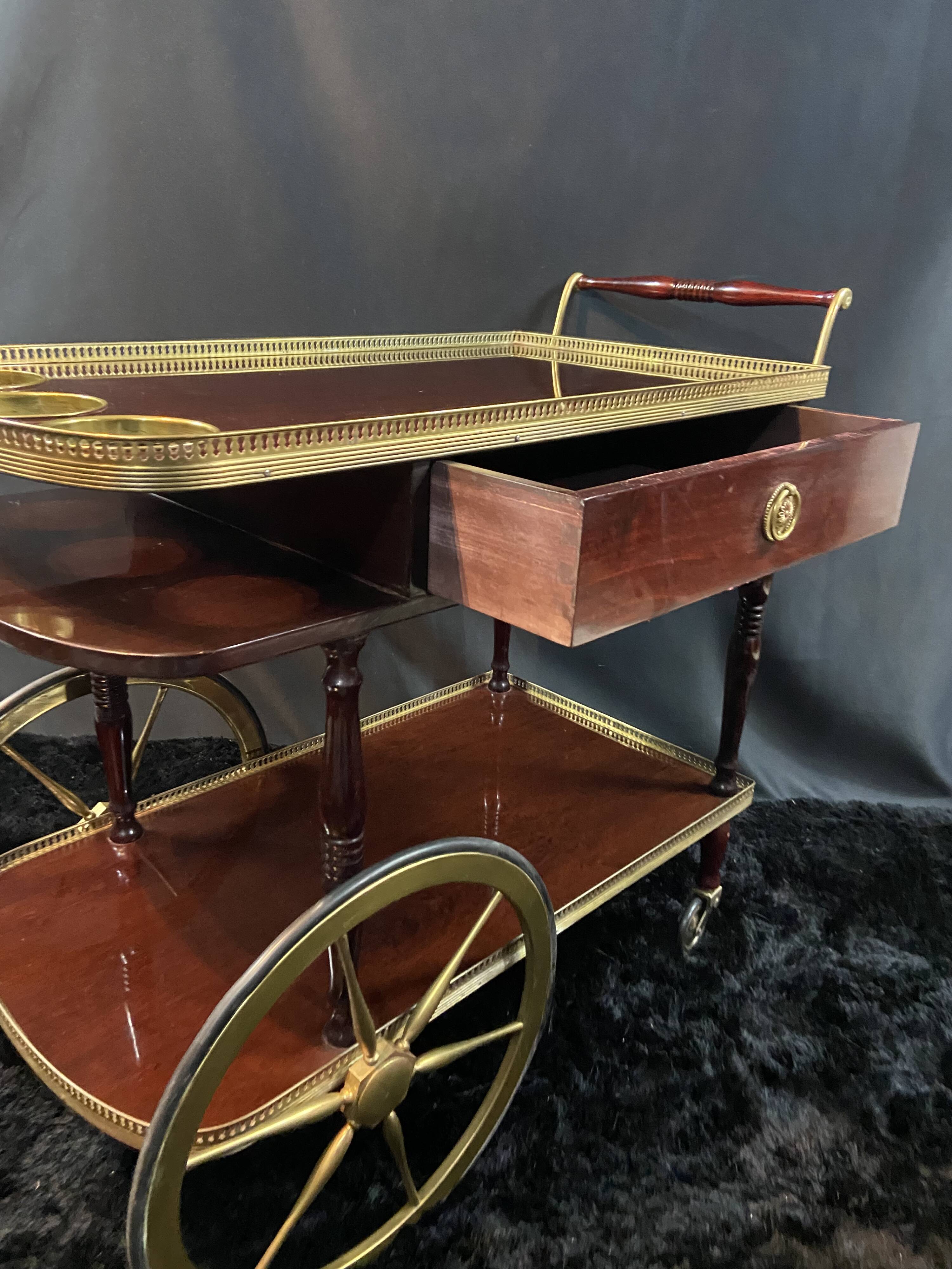Rolling bar cart, bar trolley, bar rolling in varnished mahogany and brass