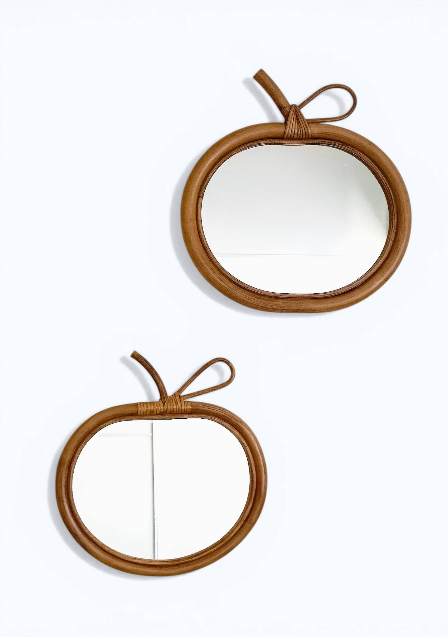 Pair of Apple-Shaped Mirrors in Bamboo and Rattan, France, 1960