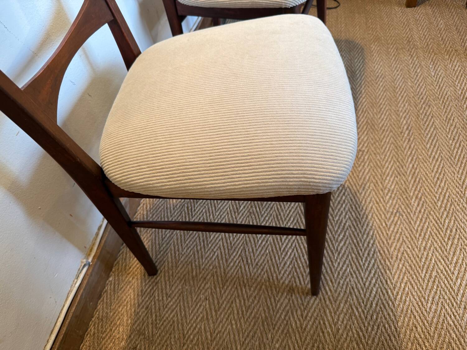Pair of vintage wood and corduroy chairs