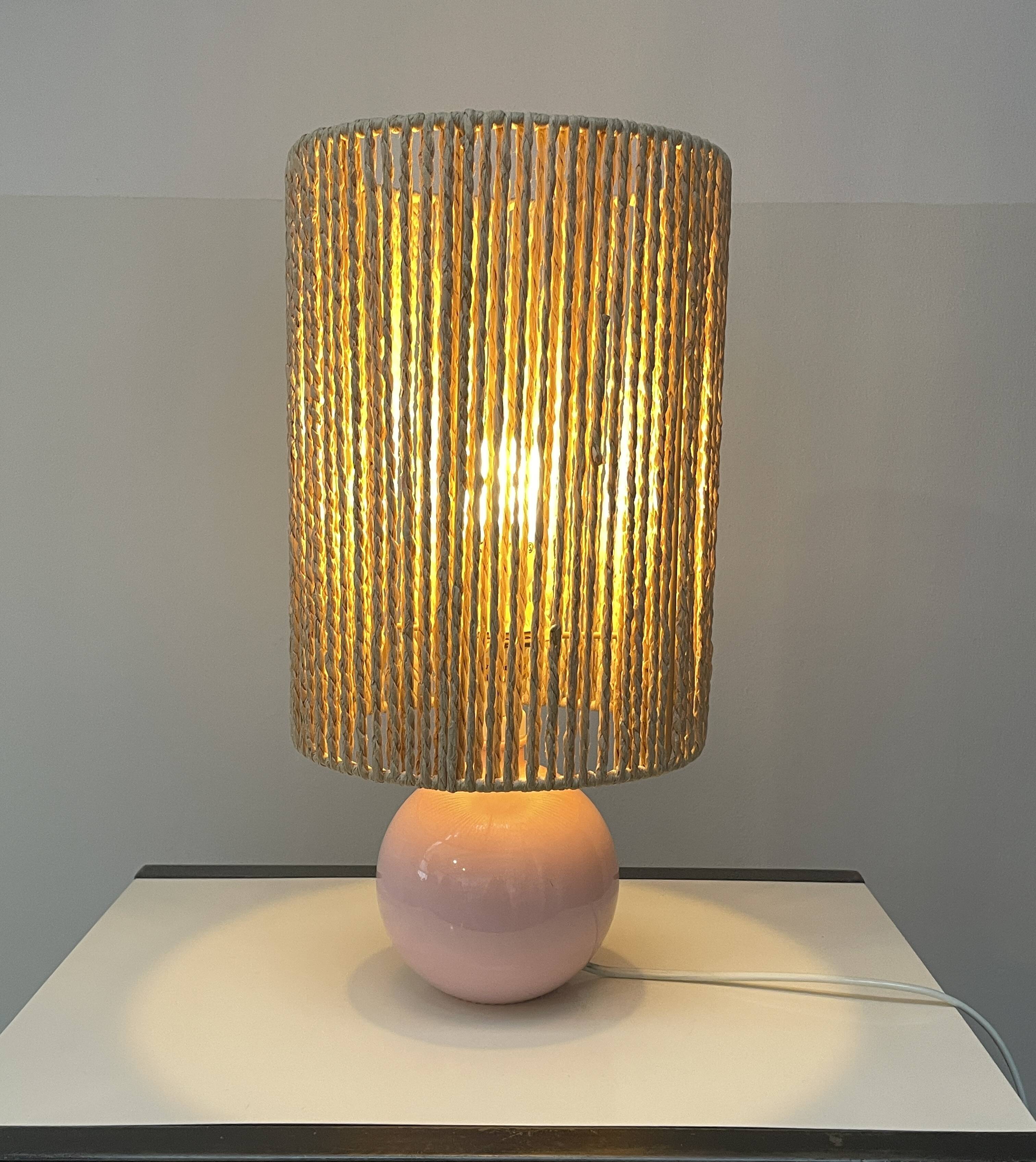Pink Ceramic Ball Lamp - Hemp Shade - Vintage - 1980s