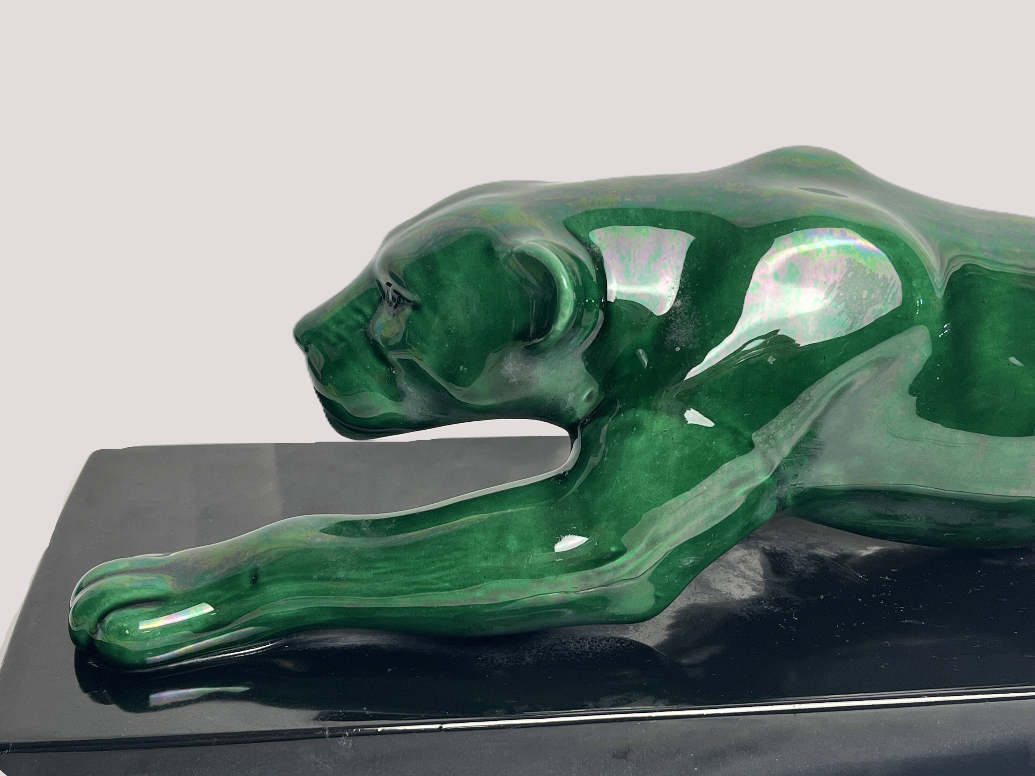 Art Deco, green ceramic panther sculpture circa 1930.