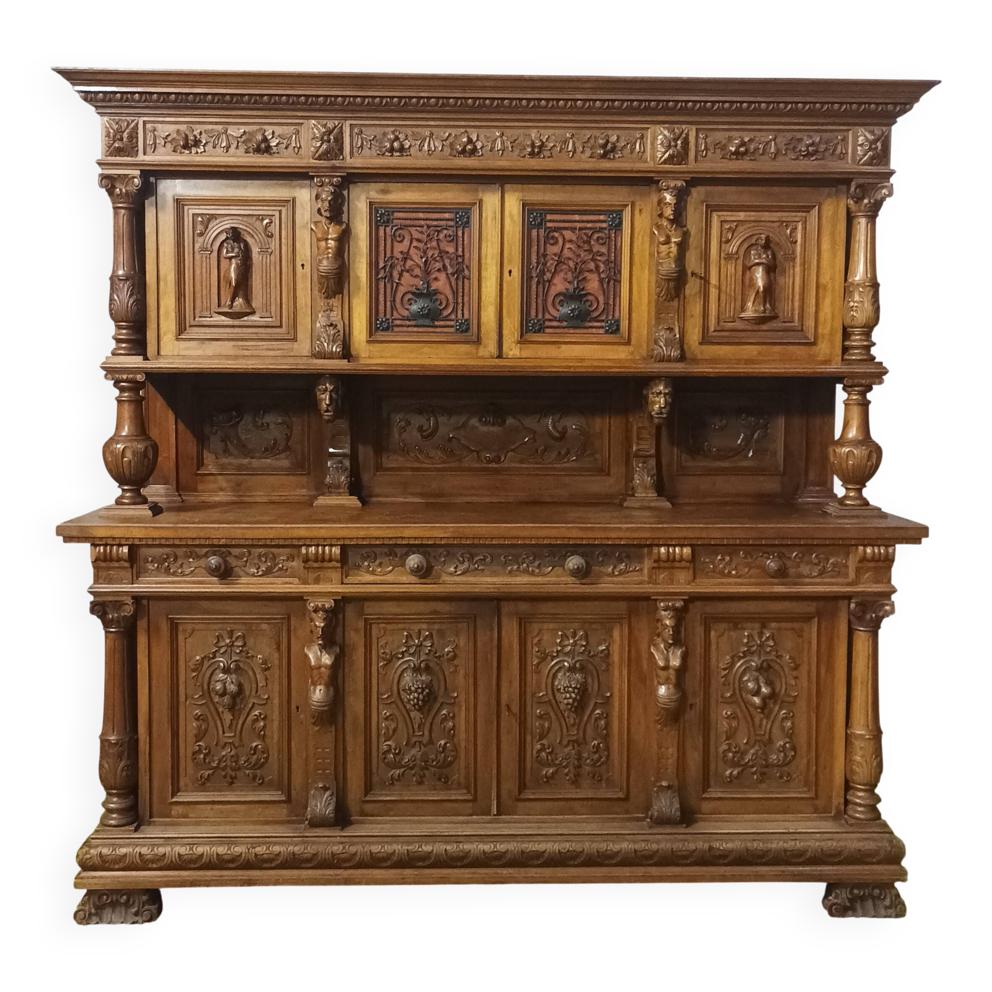 19th-century Renaissance walnut two-body buffet