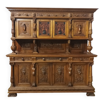 19th-century Renaissance walnut two-body buffet