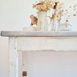 Antique work table in patinated white wood and zinc top - workbench