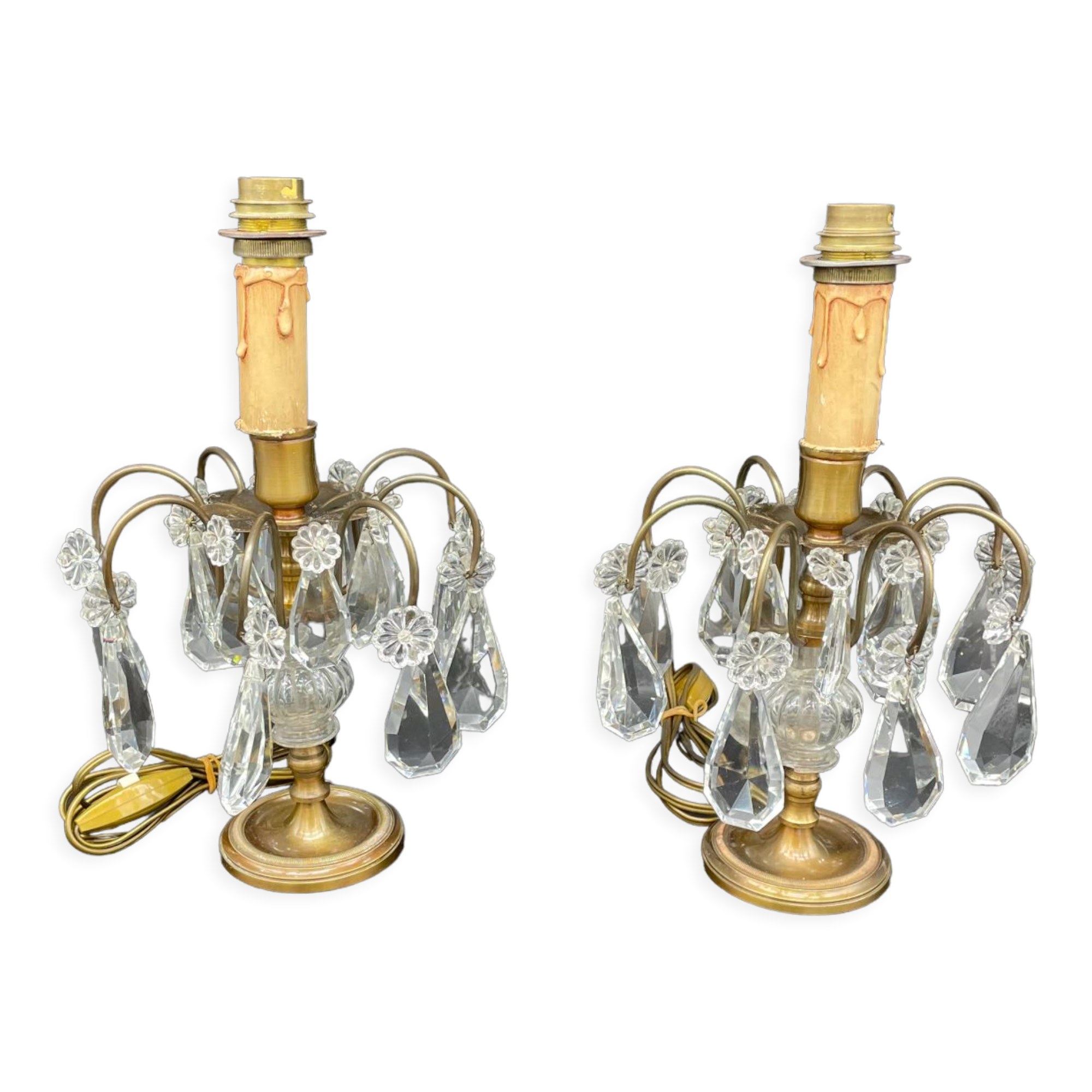 Antique, pair girandoles, candle holders, gilded brass, tassels, glass, drops, florets, 1 burner