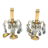 Antique, pair girandoles, candle holders, gilded brass, tassels, glass, drops, florets, 1 burner