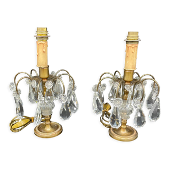 Antique, pair girandoles, candle holders, gilded brass, tassels, glass, drops, florets, 1 burner