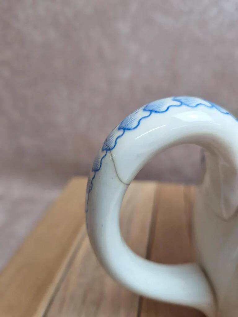 Antique teapot Terre de Fer Opaque from Sarreguemines – Blue checkerboard frieze