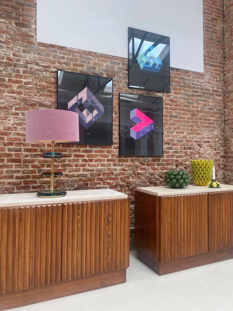 Contemporary Birch and Oak Sideboards with Travertine Top by LA Studio