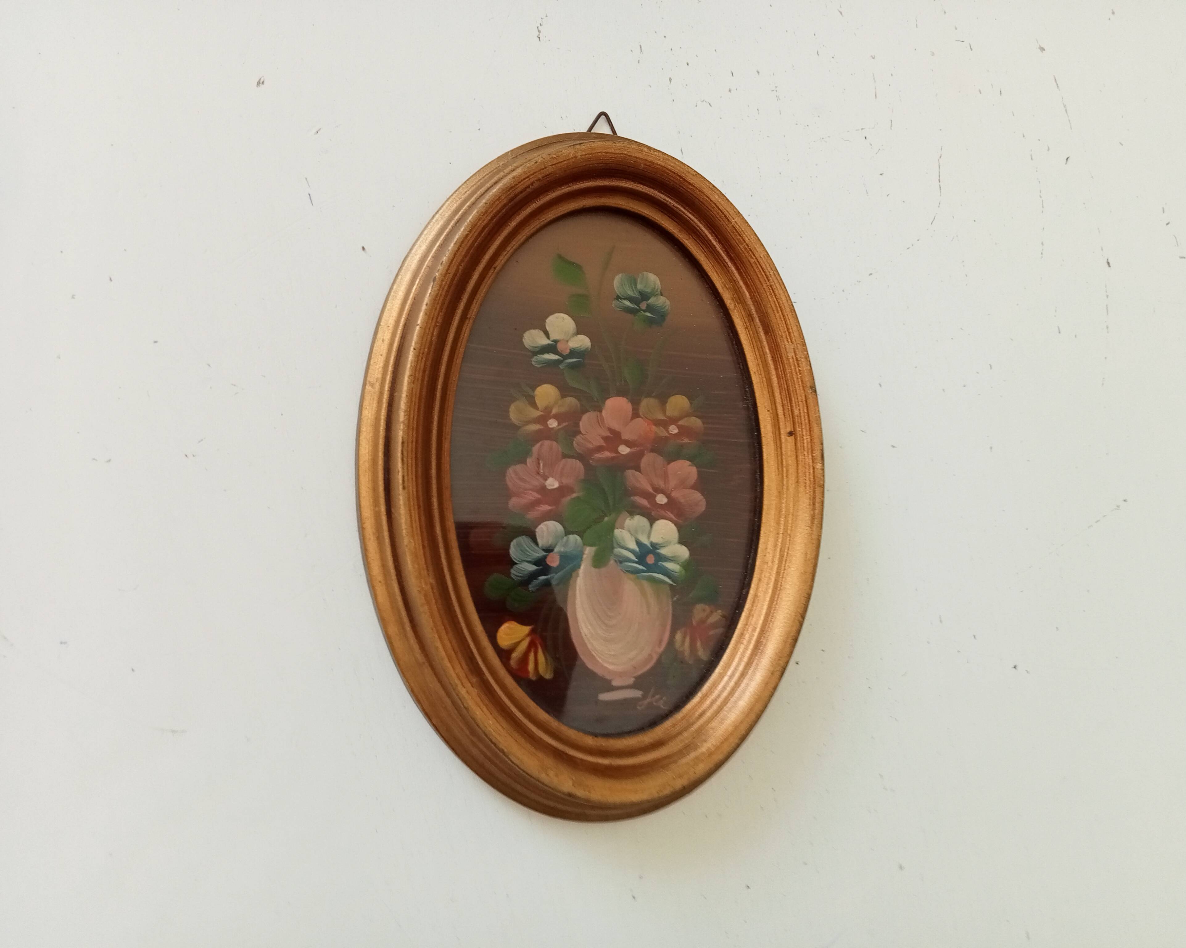 Vintage miniature painting oil painting under glass