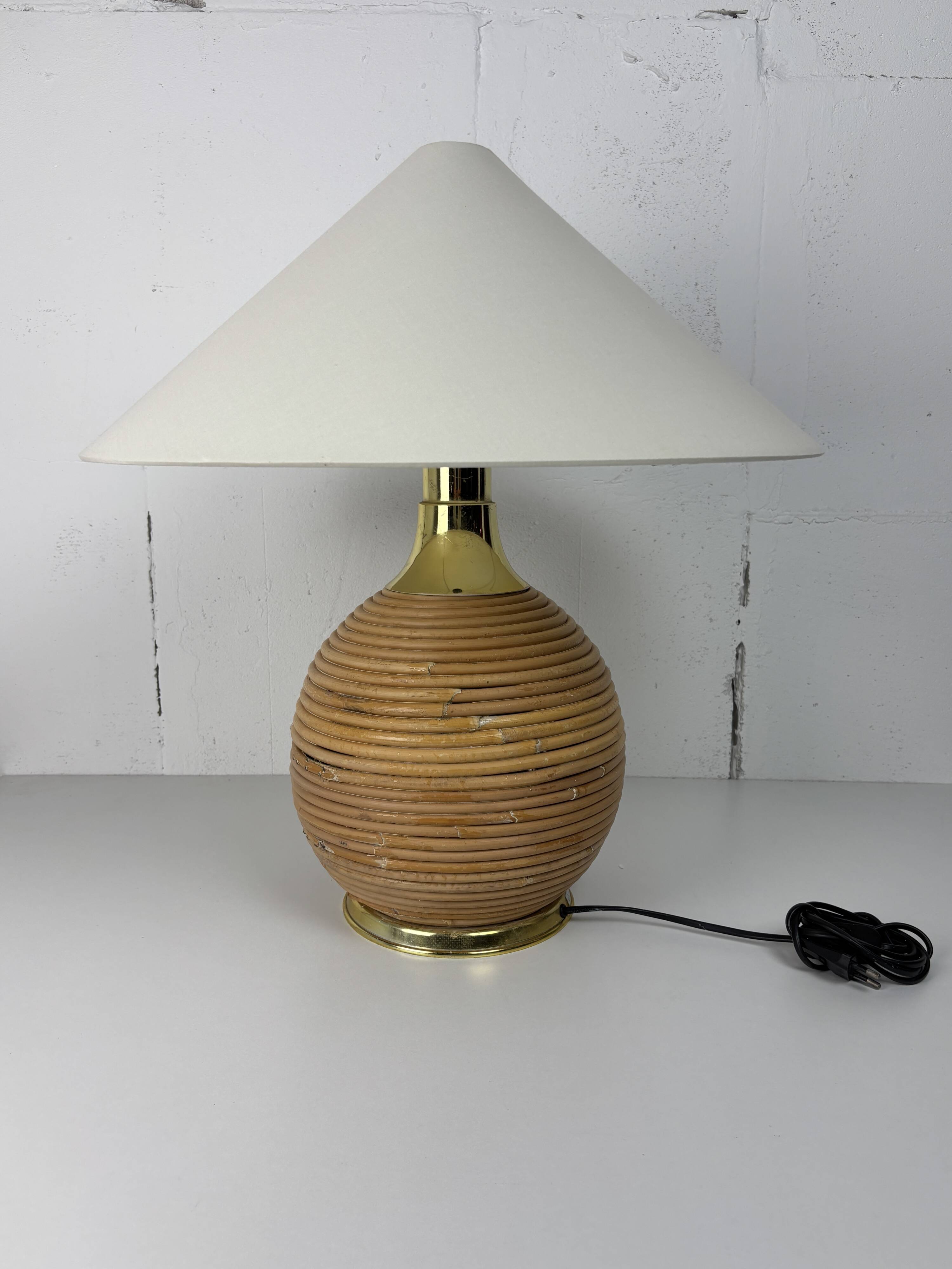 Large midcentury pencil reed rattan bamboo and brass table lamp Italy 1970s