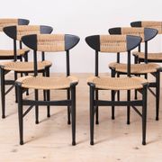 Set of 6 Scandinavian Modern Dining Chairs, Rope Seating and Backrest, 1960