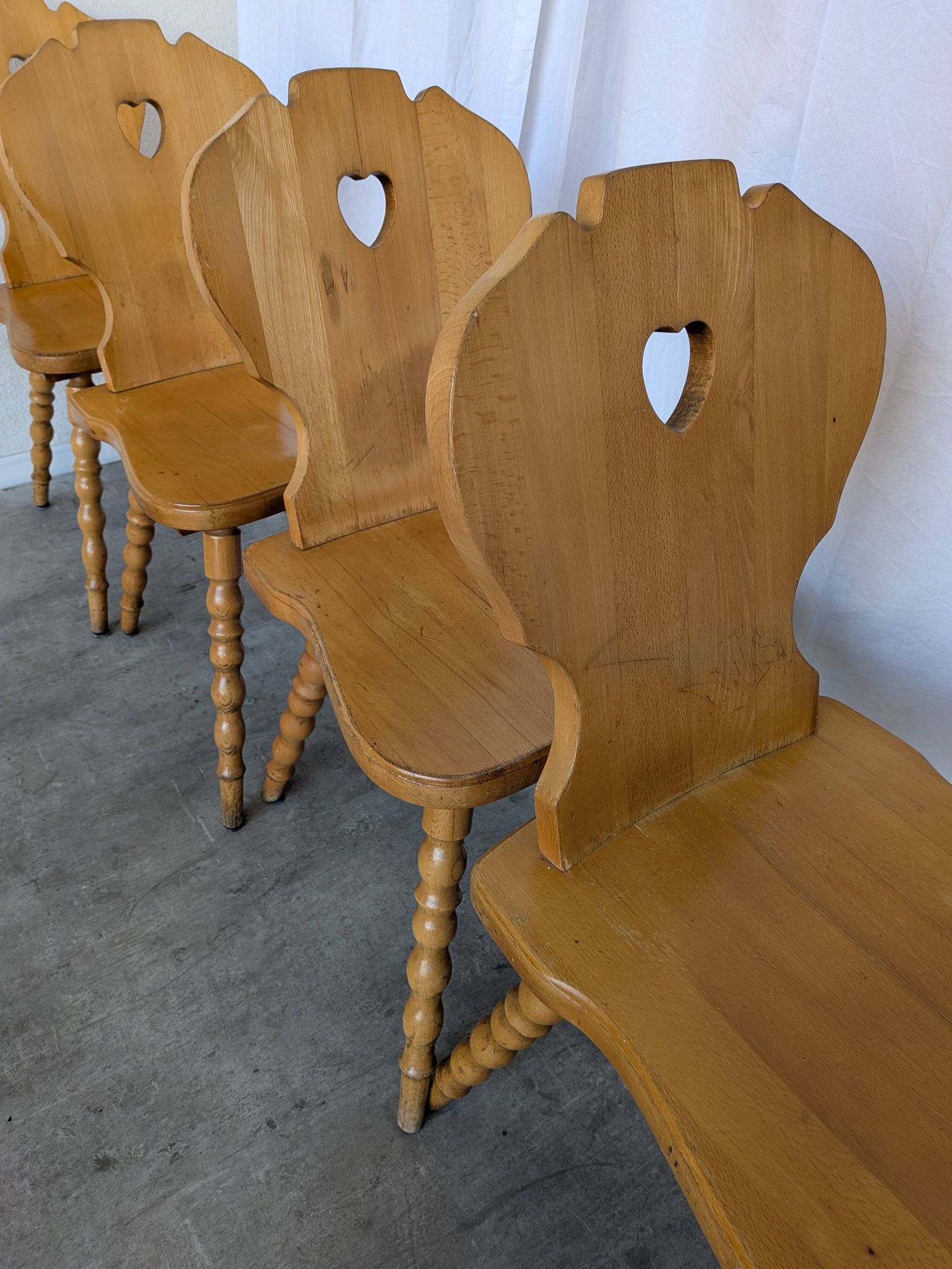 Set of 6 Vintage Tyrolean Heart Cutout Wooden Dining Chairs, Farmhouse