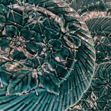 Set of 10 green earthenware dessert plates with a finely embossed floral pattern