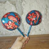 Pair of handmade Mexican maracas in painted gourd – 1960s/70s
