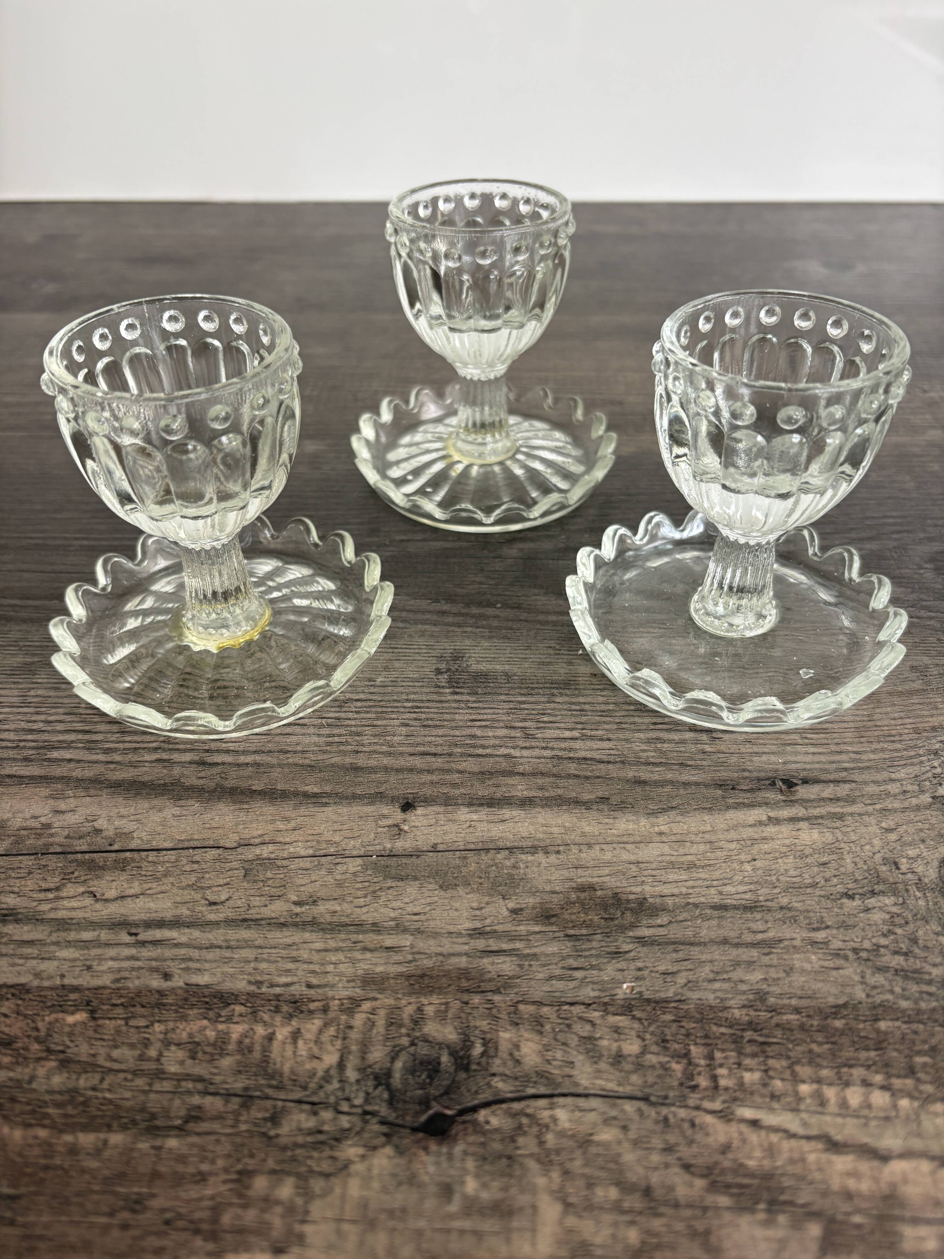 Set of 3 Vintage Glass Egg Cups in Diamond Point Style